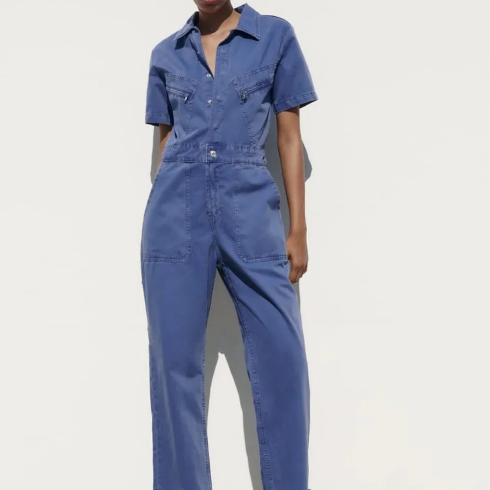 NWT ZARA SOLID COLOR TRF DENIM JUMPSUIT  BLUE - REF 8197/010 XS, S